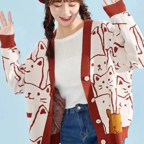 Load image into Gallery viewer, Cartoon Cat knitted cardigans Jumper Autumn Winter Womens Harajuku Sweater coat O-Neck Long Sleeve cardigan
