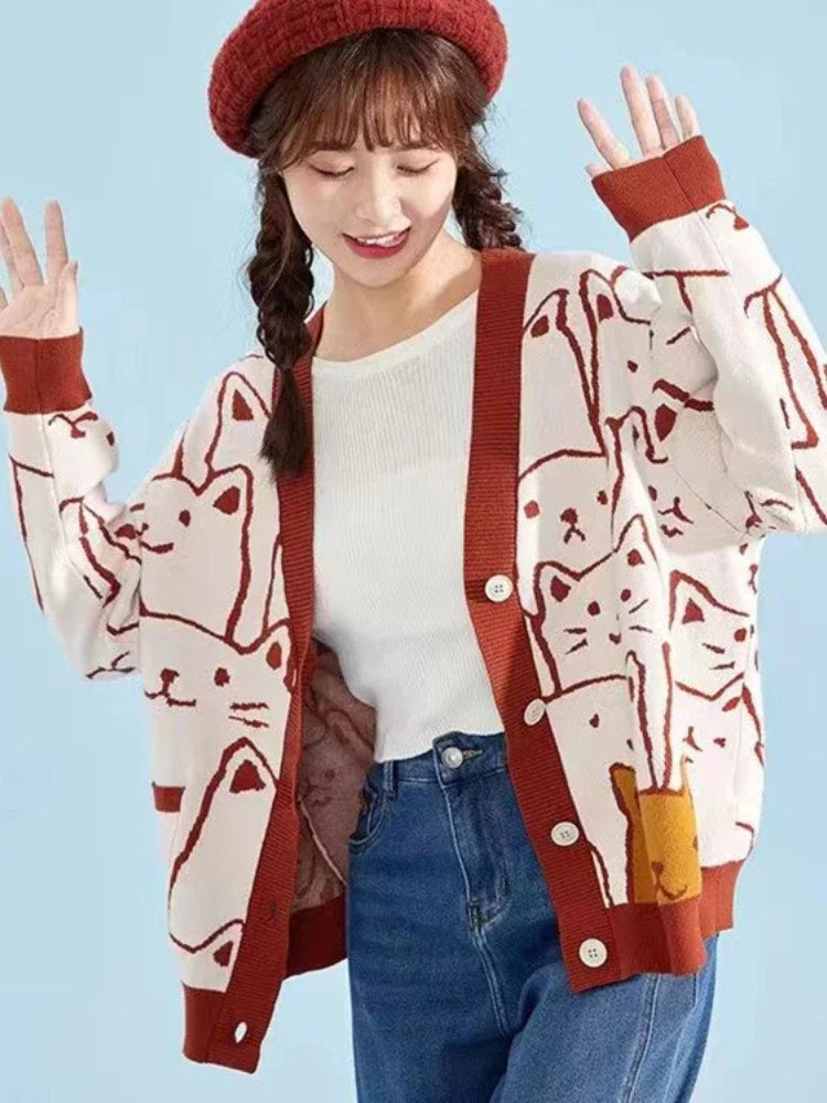 Cartoon Cat knitted cardigans Jumper Autumn Winter Womens Harajuku Sweater coat O-Neck Long Sleeve cardigan