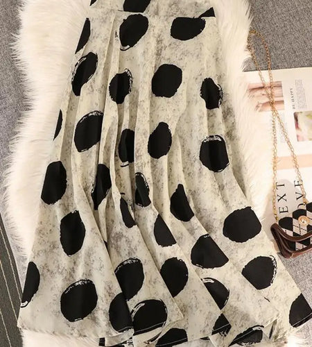 Vintage Women Casual Dot Print Pleated A-line Skirt Elegant Elastic High Waist Female Summer Festival Party Midi Skirts Boho New