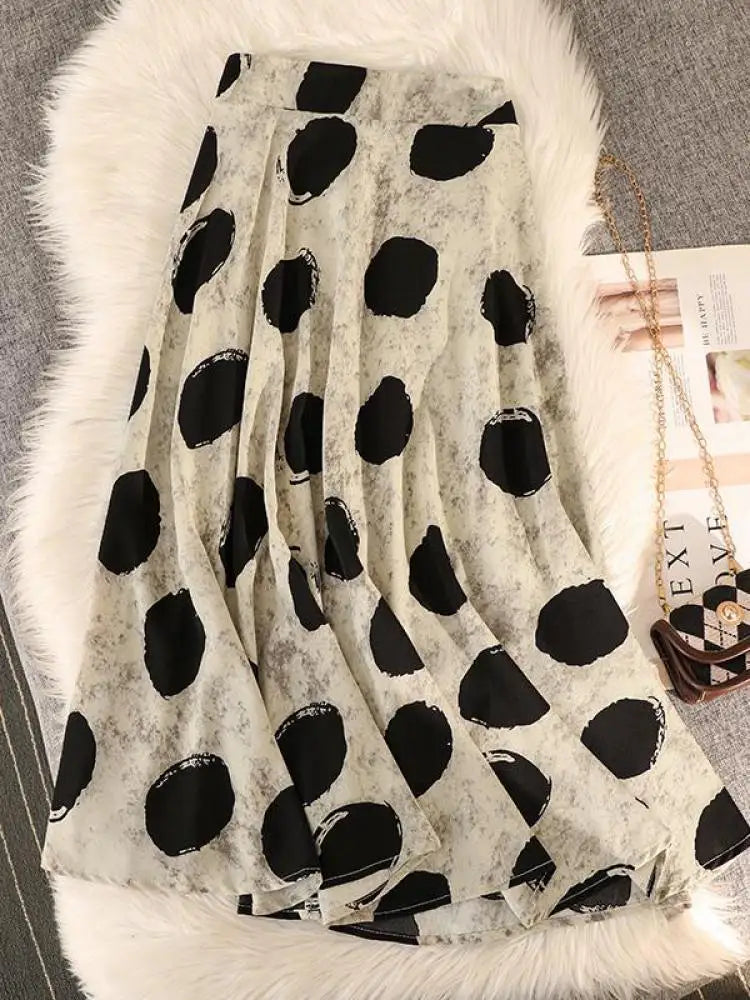 Vintage Women Casual Dot Print Pleated A-line Skirt Elegant Elastic High Waist Female Summer Festival Party Midi Skirts Boho New
