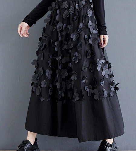 High Elastic Waist Black Flower Mesh Spliced A-line Half-body Skirt Women Fashion Tide New Spring Autumn 2025 1DJ0315