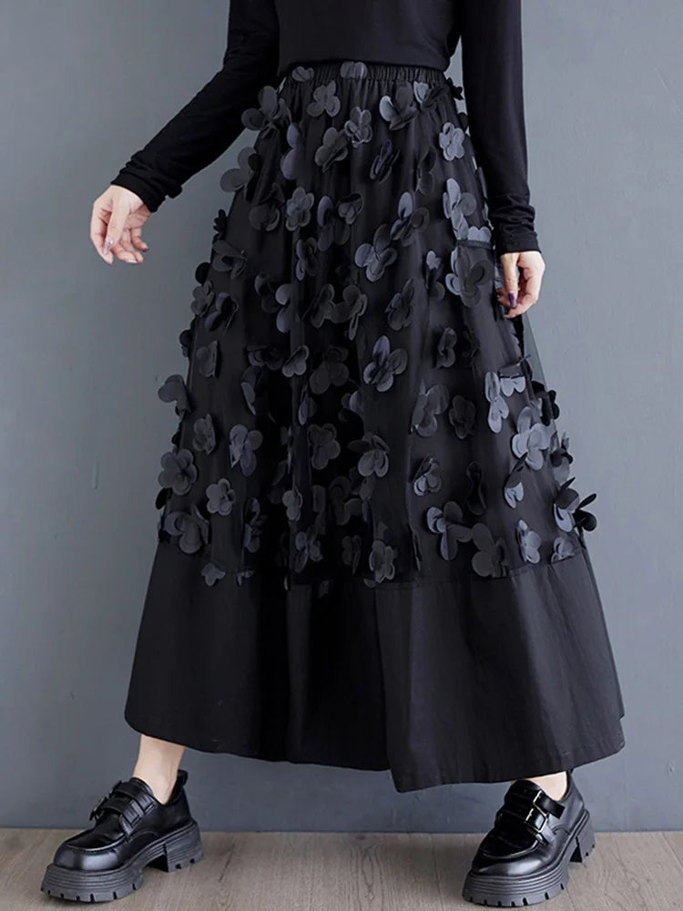 High Elastic Waist Black Flower Mesh Spliced A-line Half-body Skirt Women Fashion Tide New Spring Autumn 2025 1DJ0315