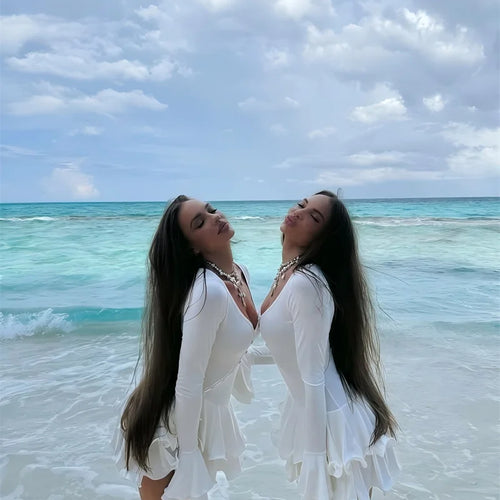 Load image into Gallery viewer, Flare Sleeve Ruffle Sexy Mini Dress Women Robe Irregular Single-breasted V Neck High Waist Slim A-line Club Dress
