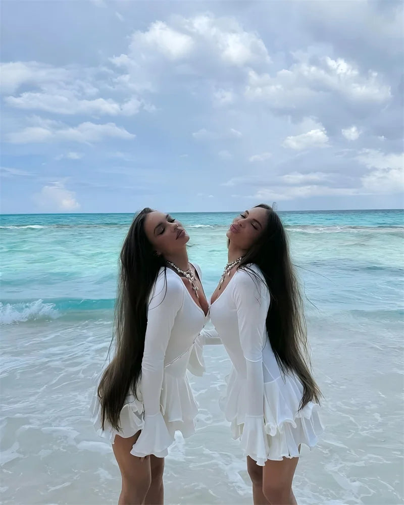 Flare Sleeve Ruffle Sexy Mini Dress Women Robe Irregular Single-breasted V Neck High Waist Slim A-line Club Dress