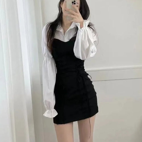 Load image into Gallery viewer, Korean Bandage Bodycon Dress Women Vintage Kpop Wrap Short Dresses Casual Long Sleeve Spring Chic Slim Robes Female
