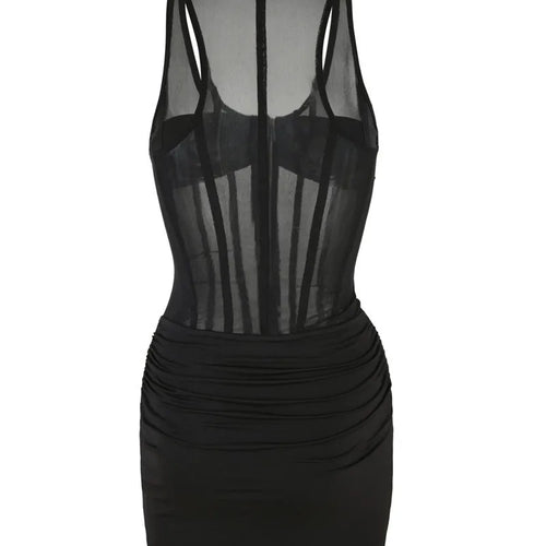 Load image into Gallery viewer, Black See Through Mesh Ruched Sexy Mini Dress For Women Robe Summer New Zipper Sleeveless Skinny Draped Club Dress
