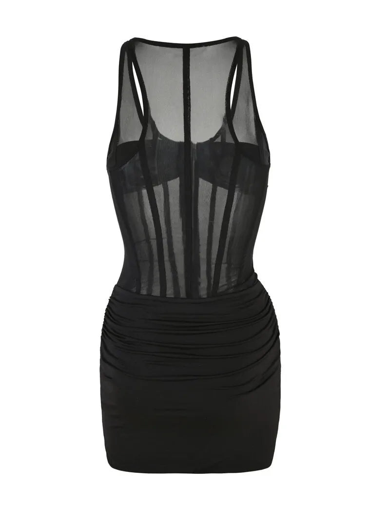 Black See Through Mesh Ruched Sexy Mini Dress For Women Robe Summer New Zipper Sleeveless Skinny Draped Club Dress