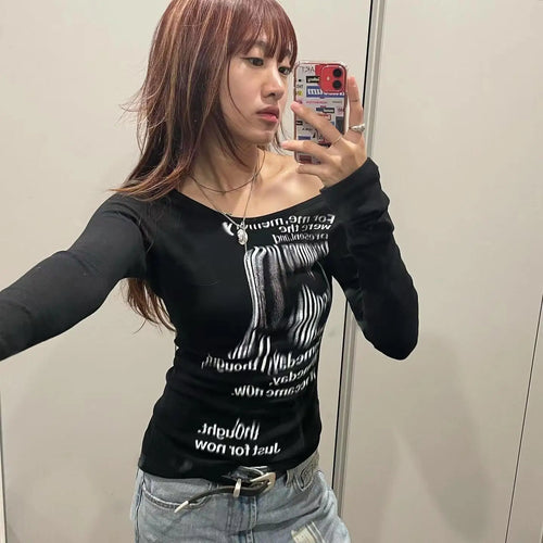Load image into Gallery viewer, Grunge Print Long Sleeve T-shirt Korean Fashion Graphic T Shirts Y2k Aesthetics Kpop Tops Sexy Slim Tee Shirt Streetwear
