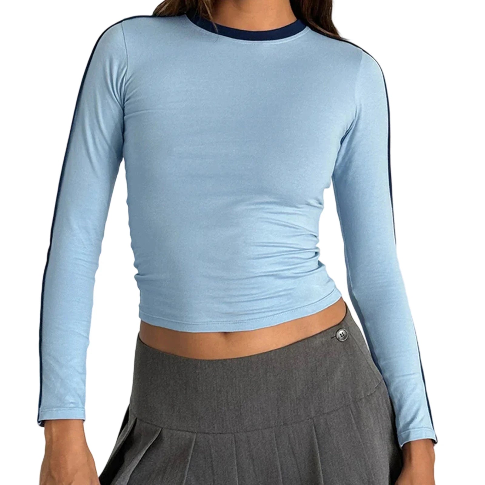 Fall Crop Tops y2k Women Aesthetic Clothing Contrast Trim Round Neck Long Sleeve T Shirts Fashion Tees Streetwear