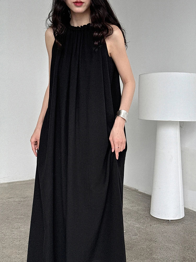 Women White Blue Knot Elegant Big Size Long Vest Dress New Halter Sleeveless Fashion Tide Spring Summer 2025 1DJ1282