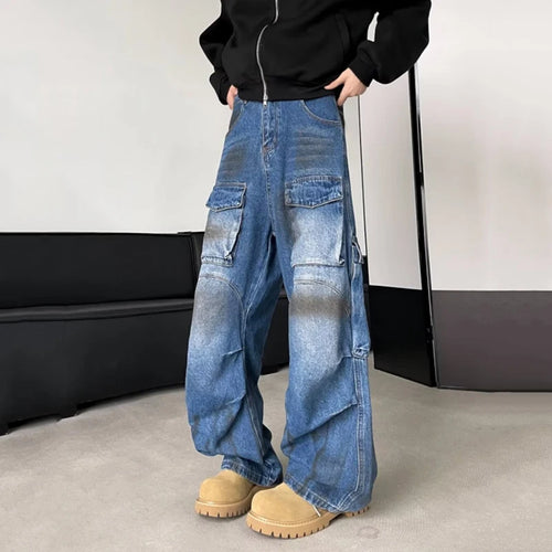 Load image into Gallery viewer, Multi Pocket Design Men Cargo Jeans Winte Splotch Pleated Streetwear Straight Denim Pants Wide Leg Trousers Stylish 9C9270
