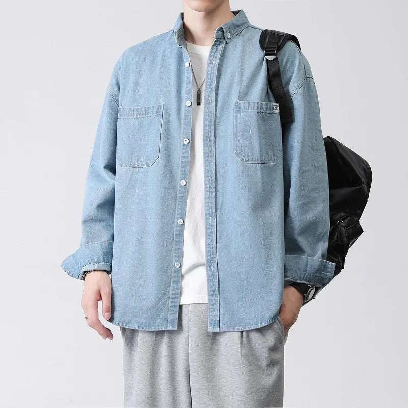 Men's Cargo Denim Shirt Turn-down Collar New Washed Loose Korean Fashion Long Sleeve Male Shirts Spring 2025 9W1317