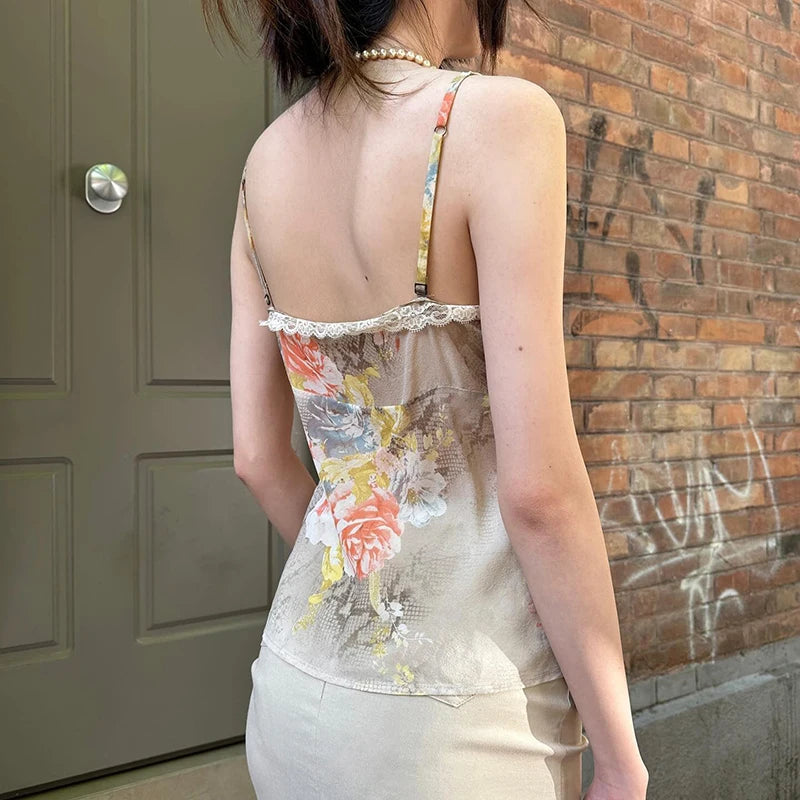 Vintage Floral Snakeskin Printed V-Neck Camis Women Summer Lace Patchwork Mini Tops Holiday Fashion Spaghetti Strap