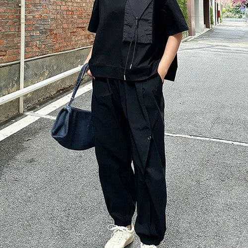 Load image into Gallery viewer, Women Black Pocket Spliced Big Size Casual T-shirt New Round Neck Short Sleeve Fashion Tide Spring Summer 2025 1DJ0898
