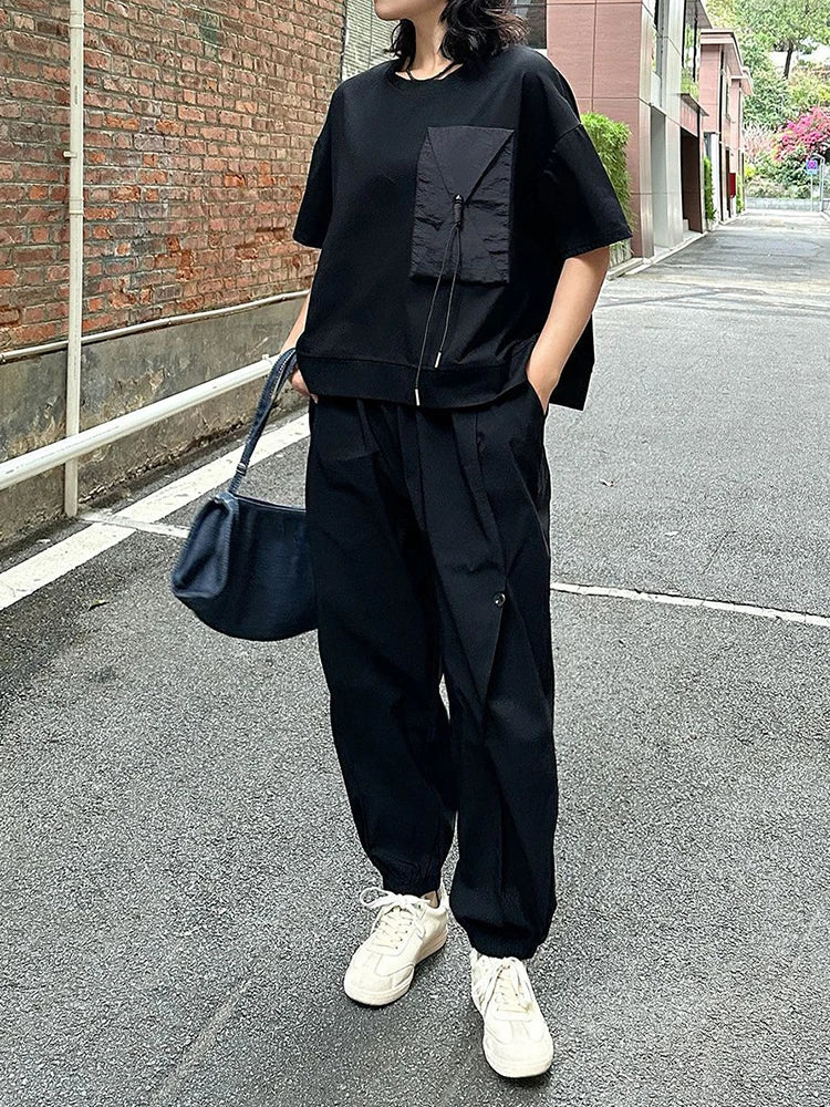 Women Black Pocket Spliced Big Size Casual T-shirt New Round Neck Short Sleeve Fashion Tide Spring Summer 2025 1DJ0898