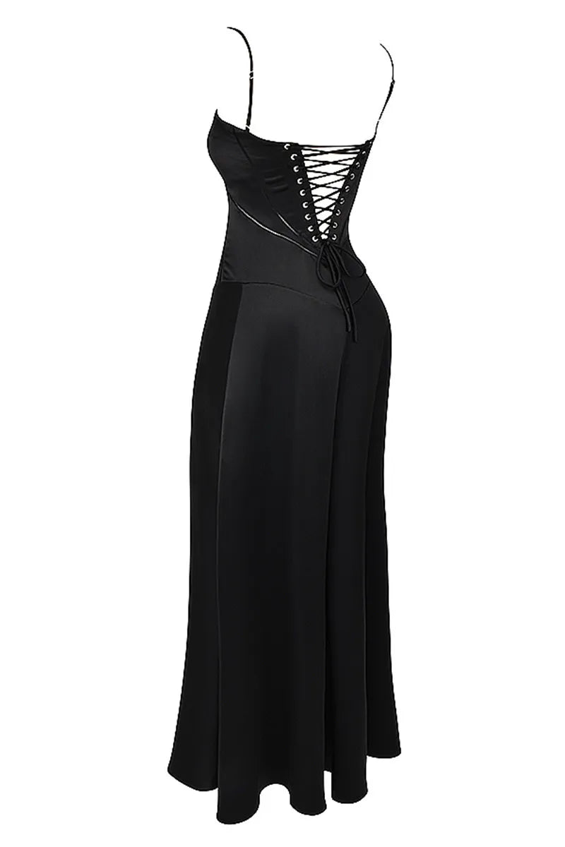 Lace-up Satin Maxi Slipdress Women Black Spaghetti Strap Sleeveless Backless Maxi Dress Femme Club Party Evening Dress