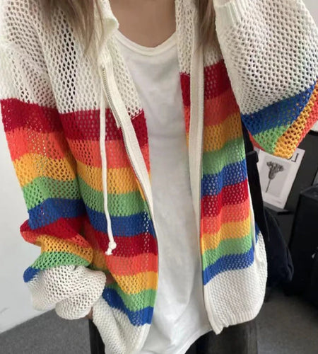 Vintage Striped Cardigan Hollow Out Y2k Aesthetic Hooded Drawstring Sweater Coat Harajuku Zipper Kardigany Jumper Pull Femme