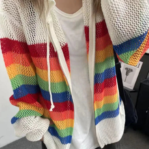 Load image into Gallery viewer, Vintage Striped Cardigan Hollow Out Y2k Aesthetic Hooded Drawstring Sweater Coat Harajuku Zipper Kardigany Jumper Pull Femme

