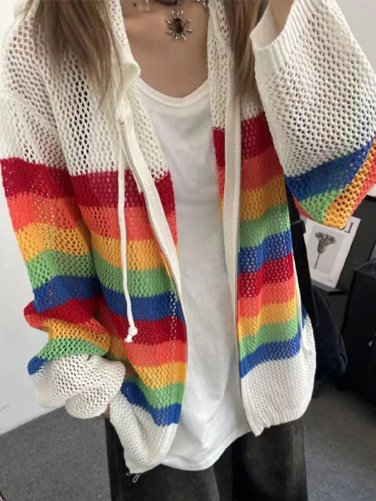 Vintage Striped Cardigan Hollow Out Y2k Aesthetic Hooded Drawstring Sweater Coat Harajuku Zipper Kardigany Jumper Pull Femme