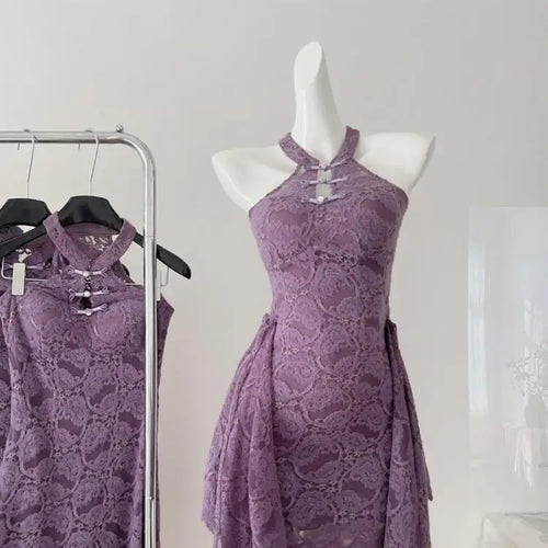 Load image into Gallery viewer, Vintage Chinese Style 2024 Women Fashion Purple Lace Sexy Sleeveless Button Dress Summer Elegant Off Shoulder Slim Short Dresses
