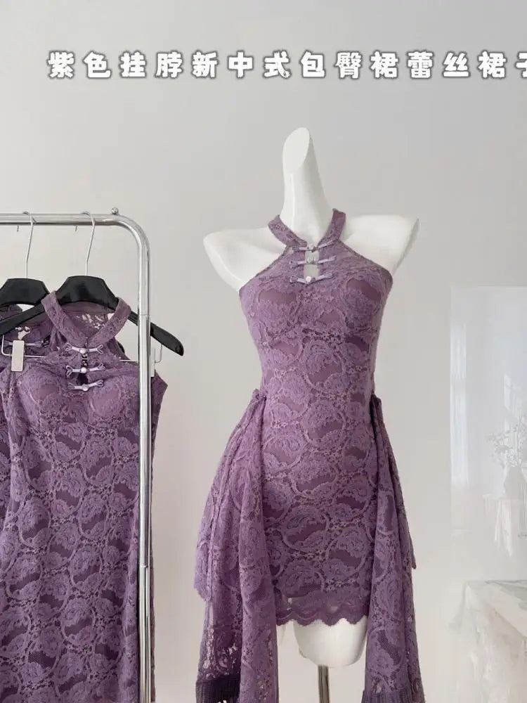 Vintage Chinese Style 2024 Women Fashion Purple Lace Sexy Sleeveless Button Dress Summer Elegant Off Shoulder Slim Short Dresses