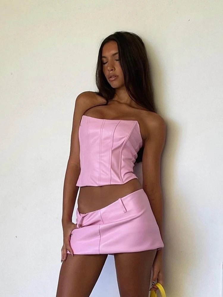 Orange Top And Skirt Set Sexy Corset Top Cropped And Leather Dress Strapless Top Birthday Dress For Women 2022