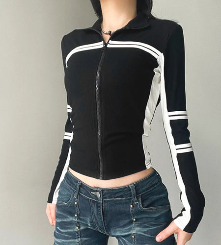 Casual Skinny Zip Up Jacket Women Stripe Patchwork High Neck Moto&Biker Style Autumn Coats Korean Sporty Thin Jackets
