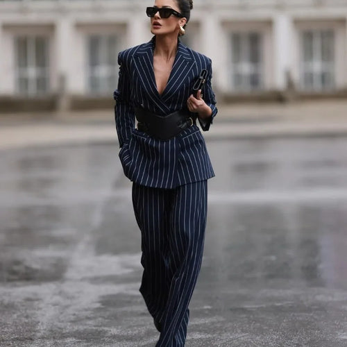 Load image into Gallery viewer, Suit Striped Pants for Women Work Casual Fall Spring Business Office Loose Female Long Blue Trousers
