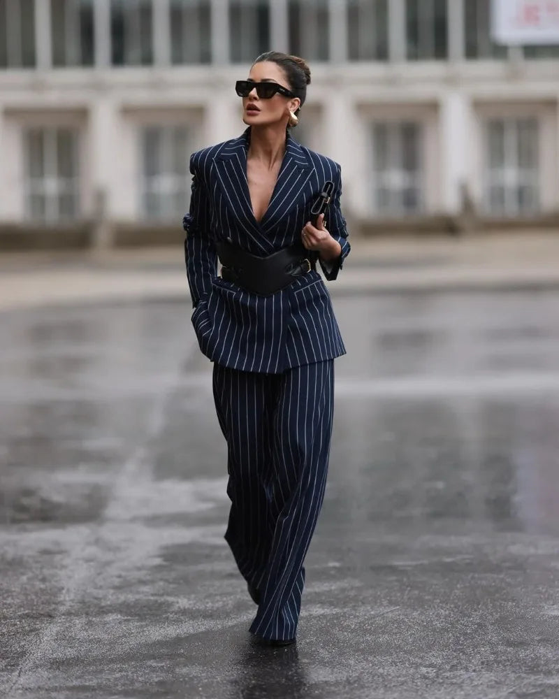 Suit Striped Pants for Women Work Casual Fall Spring Business Office Loose Female Long Blue Trousers