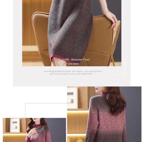 Load image into Gallery viewer, Green Gradient Loose Oversized Midi Knitted Dress Women Red Patchwork Long Sleeve Autumn Winter Thick Temperament Sweater Dress
