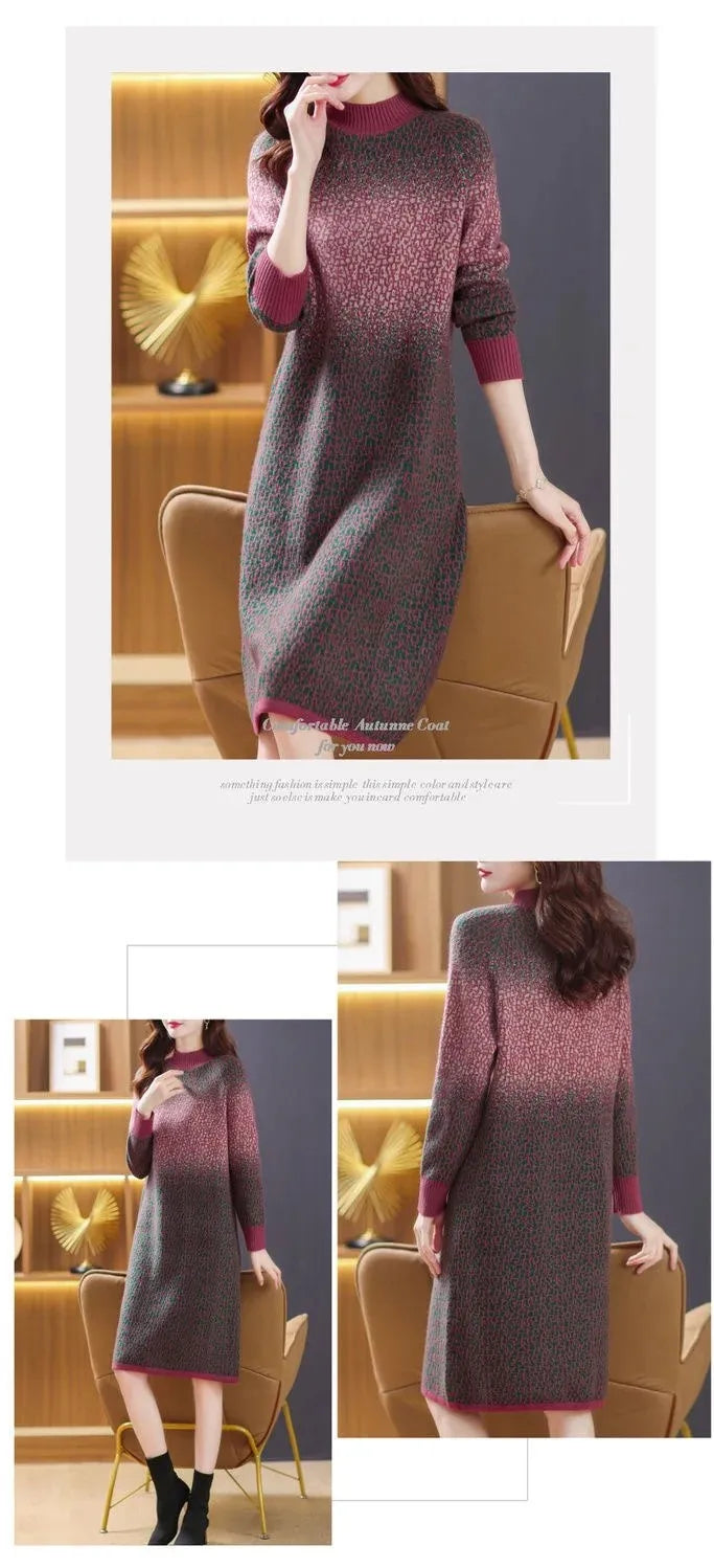 Green Gradient Loose Oversized Midi Knitted Dress Women Red Patchwork Long Sleeve Autumn Winter Thick Temperament Sweater Dress