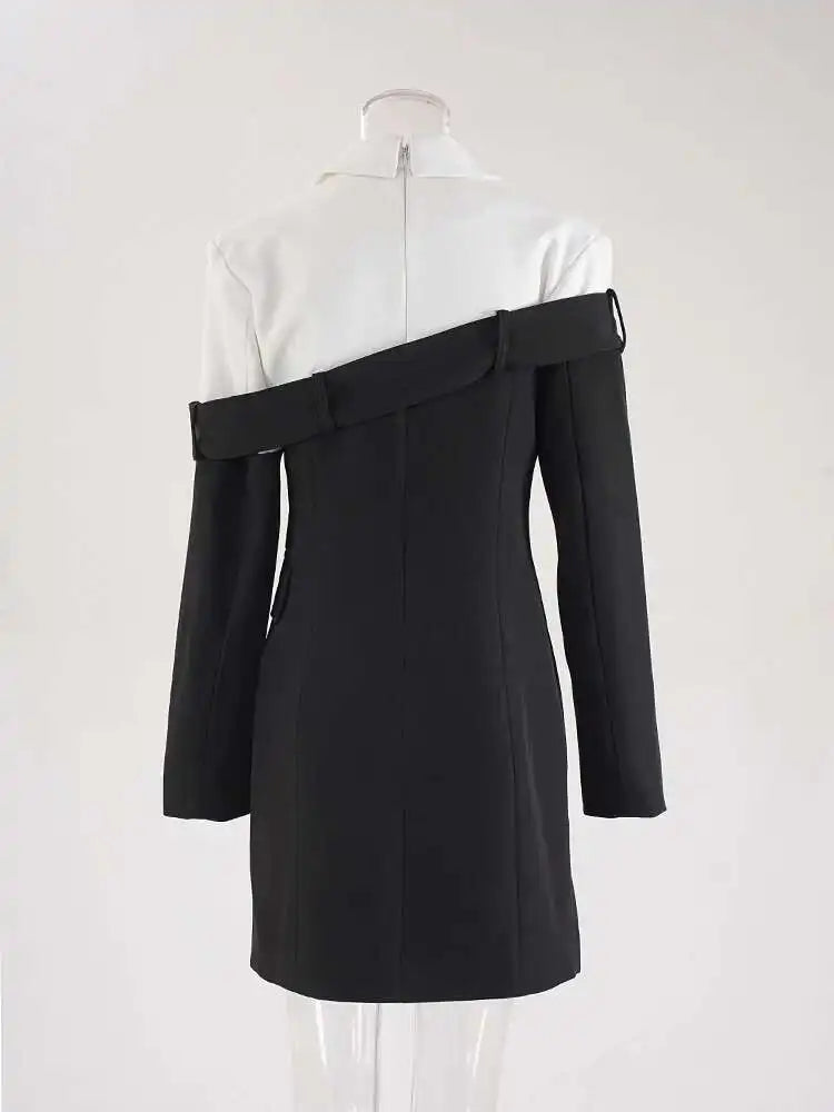 Women Black Double Breasted Color-block Mini Blazer Dress New Lapel Long Sleeve Fashion Tide Spring Autumn 2025 CPDB254