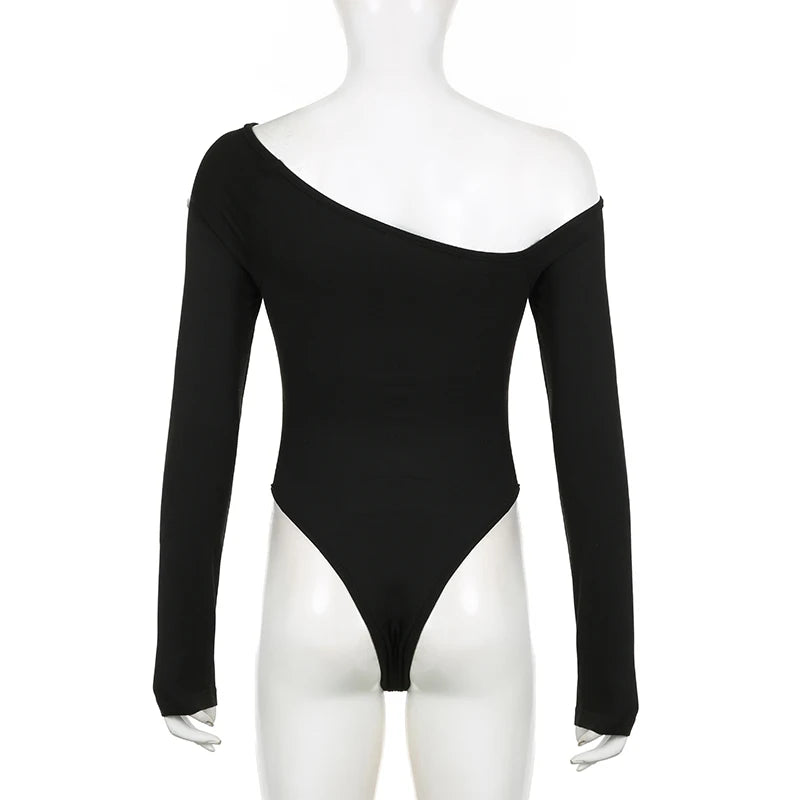 Asymmetrical Skinny Sexy Bodysuit Women Black Fashion Club Party Body Diagonal Collar Cut Out Catsuit Solid Jumpsuit