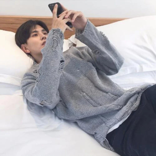 Load image into Gallery viewer, Gothic Grunge Solid Knitted Sweater Men and Women Long Pullovers Loose Hole Punk Sweaters Jumpers Mujer Jersey  Streetwear
