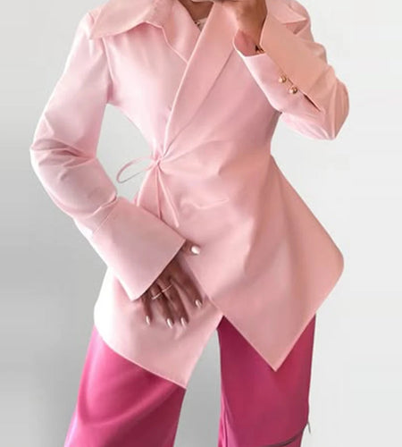 Slimming Spliced Lace Up Fashion Blouses for Women Lapel Long Sleeves Patchwork Buttons Blouse Female Clothing New