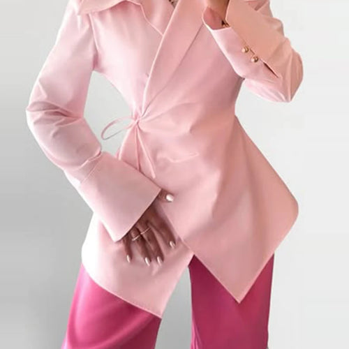 Load image into Gallery viewer, Slimming Spliced Lace Up Fashion Blouses for Women Lapel Long Sleeves Patchwork Buttons Blouse Female Clothing New
