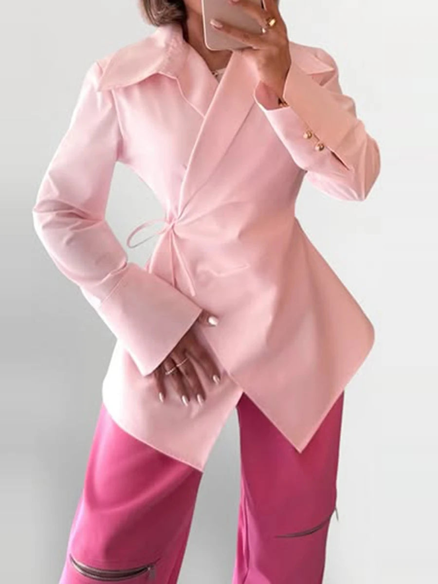 Slimming Spliced Lace Up Fashion Blouses for Women Lapel Long Sleeves Patchwork Buttons Blouse Female Clothing New