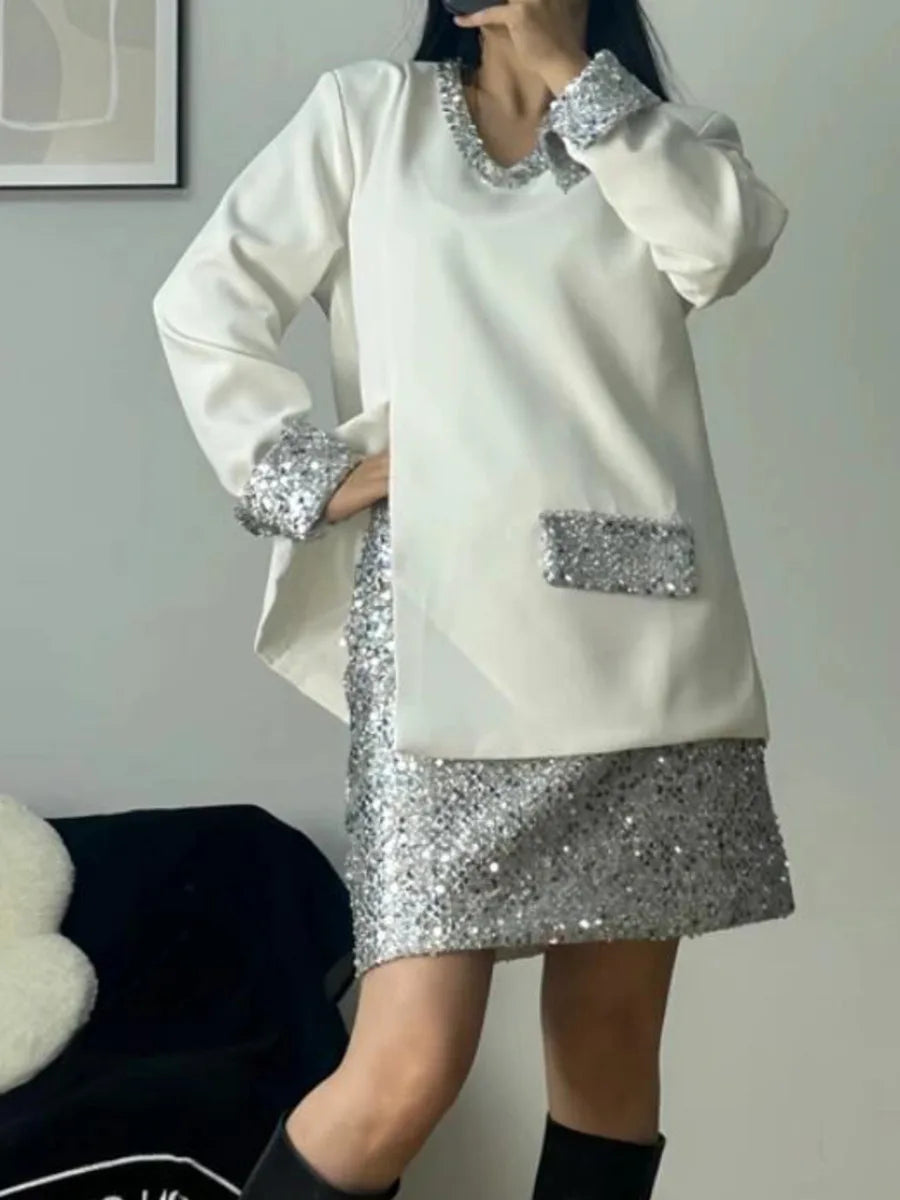 Hit Color Slimming Mini Dresses For Women V Neck Long Sleeve High Waist Temperament Dress Female Fashion Style New