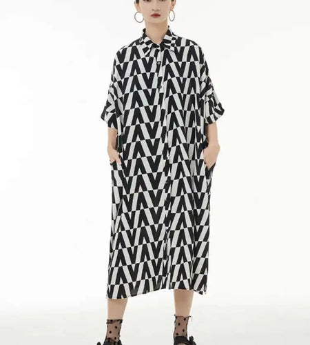 Women Black Pattern Printed Big Size Long Shirt Dress New Lapel Half Sleeve Loose Fit Fashion Spring Summer 2025 1DE9944