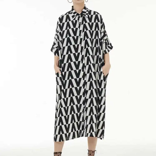 Load image into Gallery viewer, Women Black Pattern Printed Big Size Long Shirt Dress New Lapel Half Sleeve Loose Fit Fashion Spring Summer 2025 1DE9944
