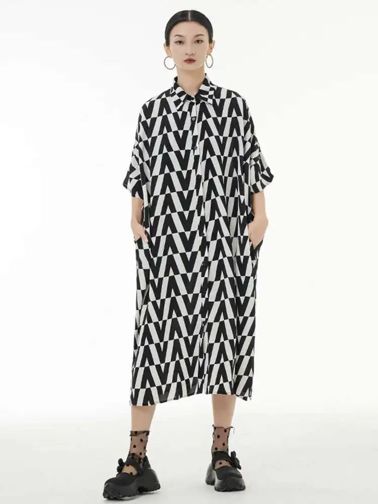 Women Black Pattern Printed Big Size Long Shirt Dress New Lapel Half Sleeve Loose Fit Fashion Spring Summer 2025 1DE9944