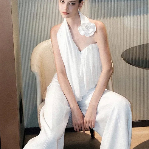 Load image into Gallery viewer, Sexy Irregular Flower Hanging Collar Women Small Vest Loose Pants Two-piece Set 2025 Spring New Slim Temperament Set
