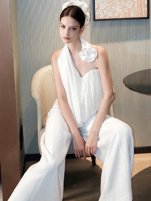 Sexy Irregular Flower Hanging Collar Women Small Vest Loose Pants Two-piece Set 2025 Spring New Slim Temperament Set