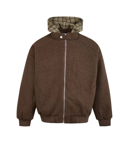 Korean Style Men's Woolen Jackets Hooded Plaid Fake Two-piece Contrast Color Loose Zipper Casual Male Coats Autumn 9C9204