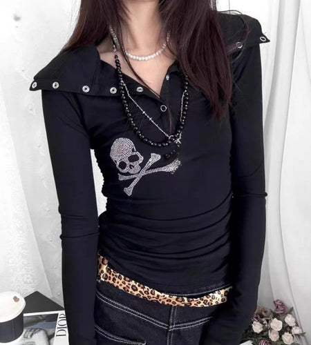 Y2k Aesthetic Diamond Skull Women T-shirt Gothic Punk Vintage Turn Down Collar Fairy Tshirts Streetwear Grunge Slim Fit Tees