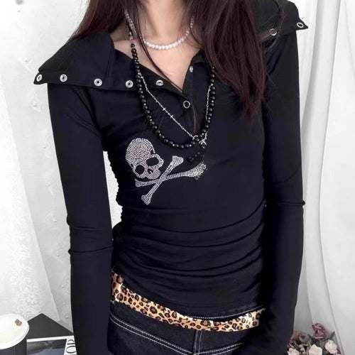 Load image into Gallery viewer, Y2k Aesthetic Diamond Skull Women T-shirt Gothic Punk Vintage Turn Down Collar Fairy Tshirts Streetwear Grunge Slim Fit Tees
