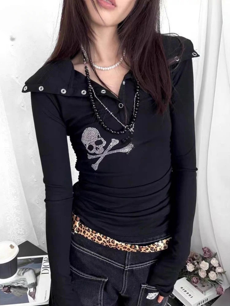Y2k Aesthetic Diamond Skull Women T-shirt Gothic Punk Vintage Turn Down Collar Fairy Tshirts Streetwear Grunge Slim Fit Tees