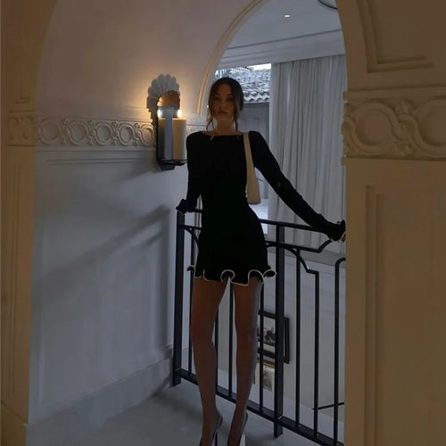 Load image into Gallery viewer, Long Sleeve Knit Mini Dress For Women Pullovers Sweater Dress Autumn Winter New Contrast Color O Neck Ruffled Dress
