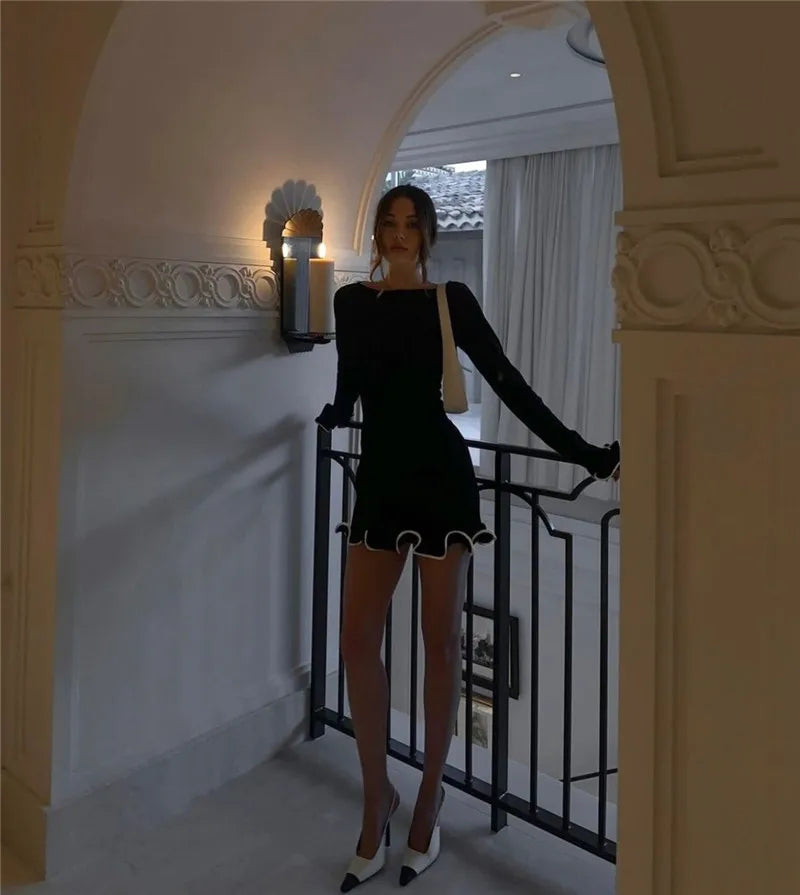 Long Sleeve Knit Mini Dress For Women Pullovers Sweater Dress Autumn Winter New Contrast Color O Neck Ruffled Dress