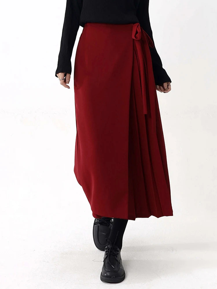 High Elastic Waist Red Pleated Bandage Elegant Wide Leg Pants New Trousers Women Fashion Tide Spring Autumn 2025 1DH9565